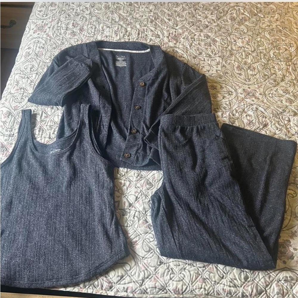 Three-Piece Dark Blue Ribbed Tank, Cardigan & Pants Set